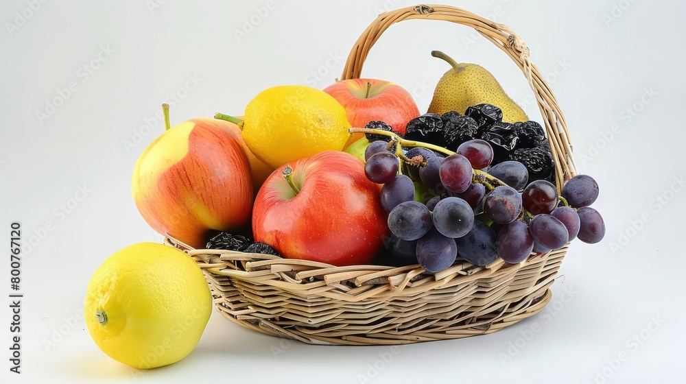 packshot of a fruit basket containing three types of apple, prunes, a lemon, an orange, red grapes and white grapes