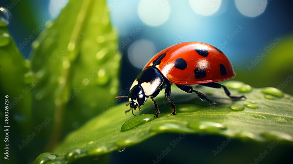 Ladybug with water droplets on leaf