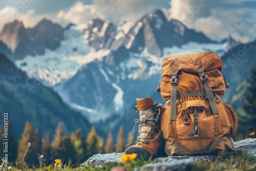 hiking backpack and boots and gear equipment for mountain and forest