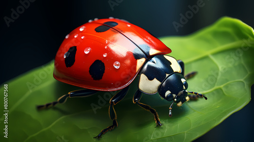 Ladybug with water droplets on leaf