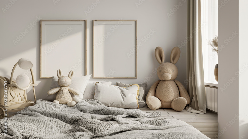 A bedroom with a bed, two stuffed rabbits, and a stuffed rabbit on the floor. The room is decorated with white furniture and has a cozy, comfortable atmosphere