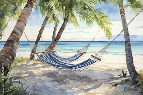 A hammock strung between two coconut palms on a deserted beach, with a view of the ocean and a good book for company