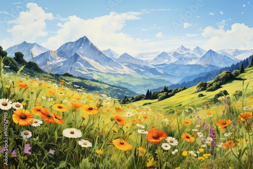 A high mountain landscape during summer, with wildflowers blooming in the foreground against a backdrop of snowcapped peaks under a sunny sky