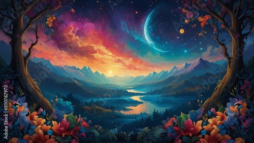 landscape with moon and stars Abstract Background Starry Night Dreams Photorealistic Fabric Art