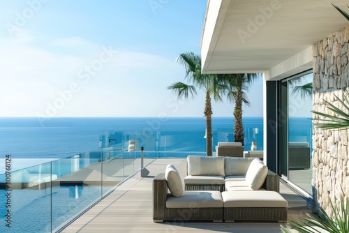 a outdoor terrace in summer  modern design with ocean view 