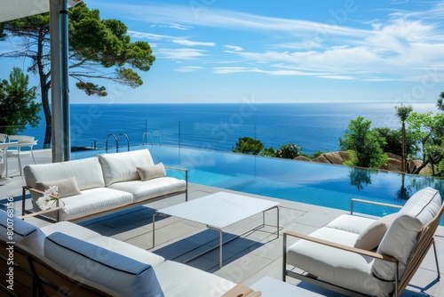 a outdoor terrace in summer, modern design with ocean view 
