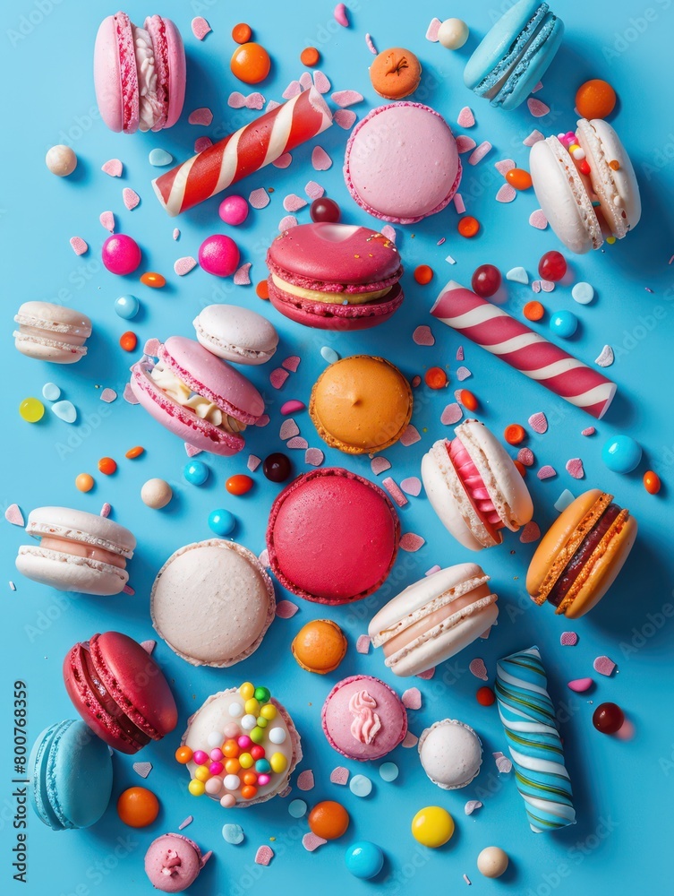 some macarons and candy on blue background