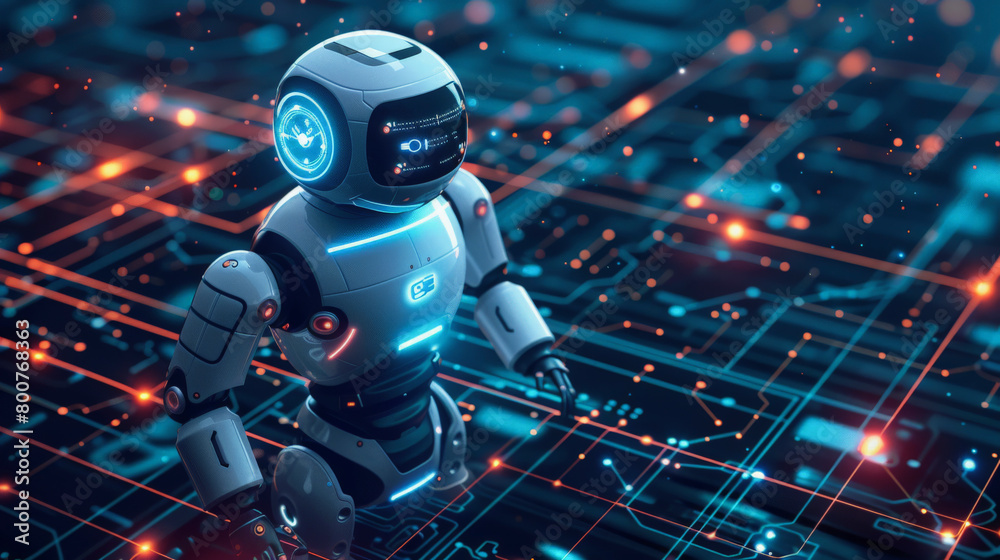 Futuristic robot with digital eyes standing on a circuit board with glowing connections, symbolizing advanced AI technology integration,Ai And IoT Futuristic robot with digital eyes standing on a circuit board with glowing connections, symbolizing advanced AI technology integration,Ai And IoT