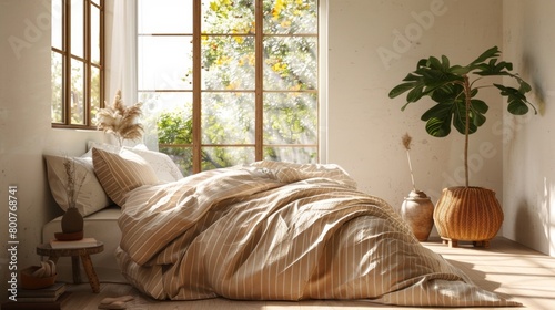 Blank mockup of earthtoned striped bed sheets on a natureinspired bedroom. . photo