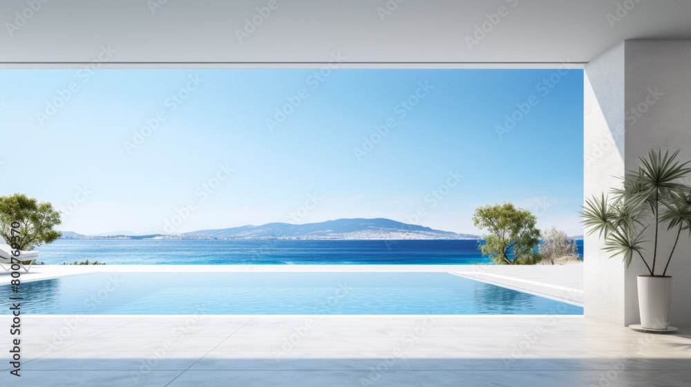 Fototapeta premium A large pool with a view of the ocean. The pool is surrounded by trees and a palm tree. The water is calm and clear. The sky is blue and there are no clouds. The scene is peaceful and relaxing
