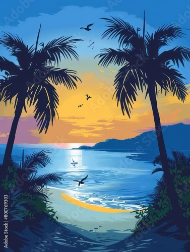  palm trees on a beach with beautiful sunrise  blue skys