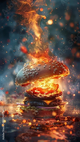 A hamburger with the top half of the bun on fire.