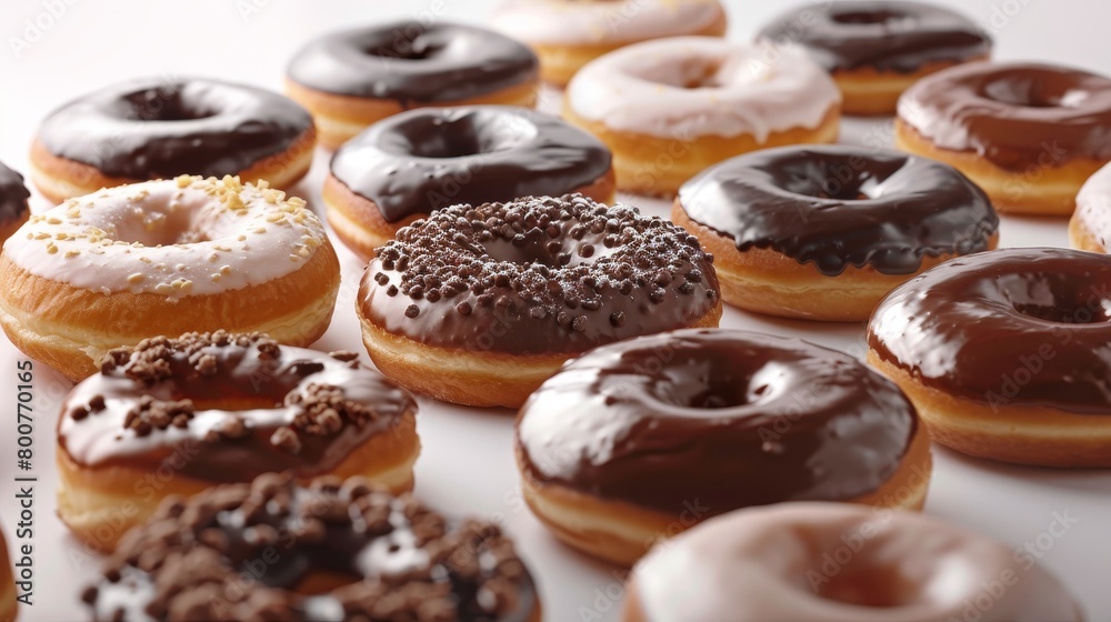 An inviting display of a variety of doughnuts, from glazed to chocolate topped, close-up, set against a clean backdrop with studio lighting An inviting display of a variety of doughnuts, from glazed to chocolate topped, close-up, set against a clean backdrop with studio lighting