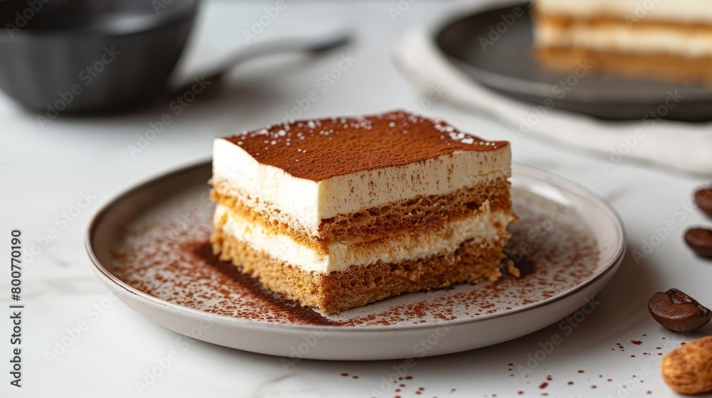 An inviting shot of a slice of layered tiramisu, coffee soaked ladyfingers and mascarpone visible, on a minimalist background An inviting shot of a slice of layered tiramisu, coffee soaked ladyfingers and mascarpone visible, on a minimalist background