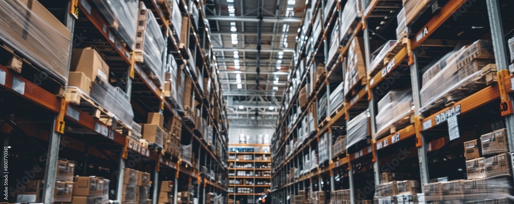 Image of large distribution warehouse with high shelves and loaders. Image of large distribution warehouse with high shelves and loaders.