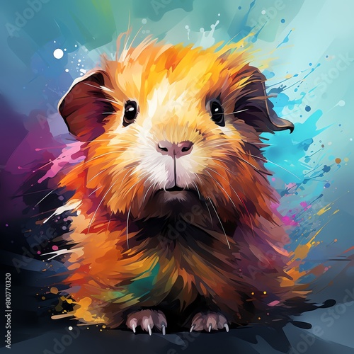 A cute colorful guinea pig with a white belly and orange, yellow, and brown fur.