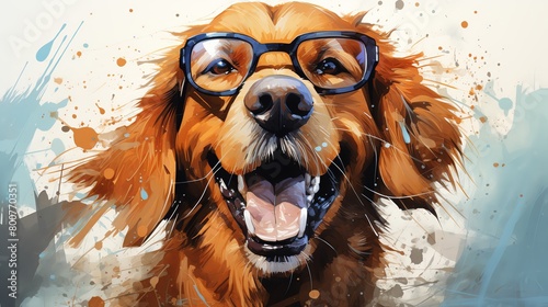 A happy golden retriever dog wearing horn-rimmed glasses.