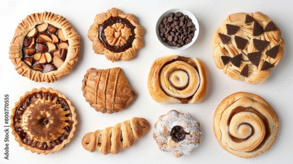 Array of favorite pastries such as chocolate chip cookies, fresh apple pie, and fluffy cinnamon rolls from above, isolated on white