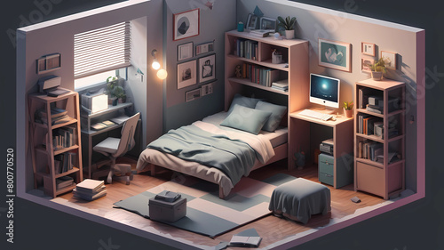 cube cutout of an isometric programmer bedroom with a PC, bookshelves, desk, 3d art, muted colors, soft lighting, high detail, concept art, behance, ray tracing photo