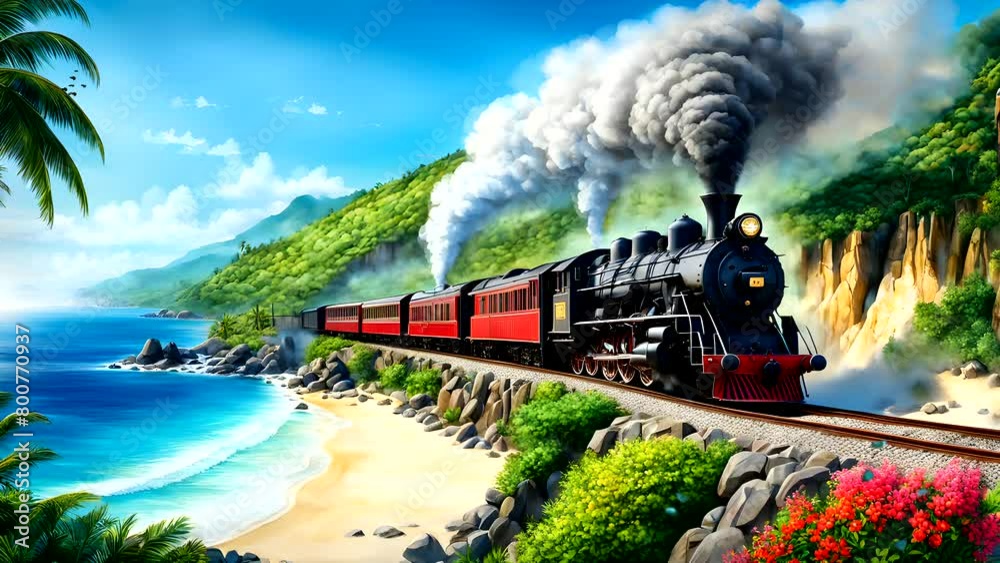 A vintage locomotive chugging along a scenic coastal route with waves crashing against the shore