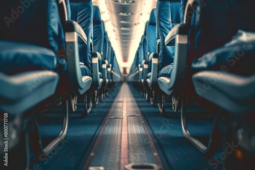 A close-up image of an airplane seating aisle for passengers photo