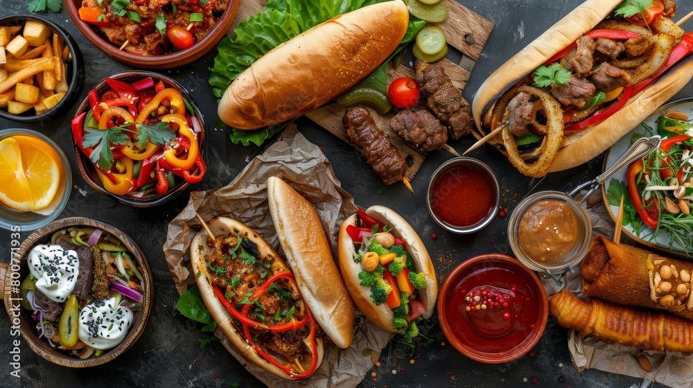 Artistic composition of mixed street foods, layered textures and colorful wrappers, top view, clean studio look Artistic composition of mixed street foods, layered textures and colorful wrappers, top view, clean studio look