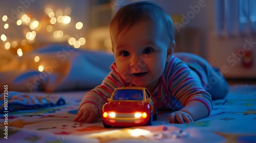 A baby's face lit up with joy as they play with a brightly colored toy car
