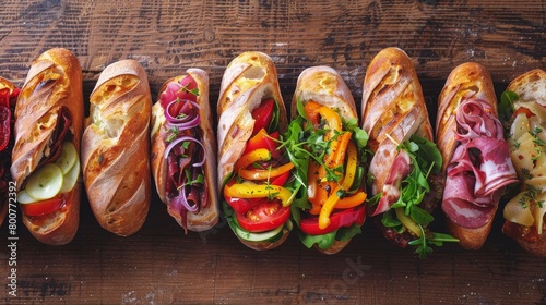 Artistic top shot of gourmet sandwiches, each filled with high-quality meats and cheeses, colorful veggies, on baguettes and artisan bread, studio-lit against a minimalist backdrop, style raw