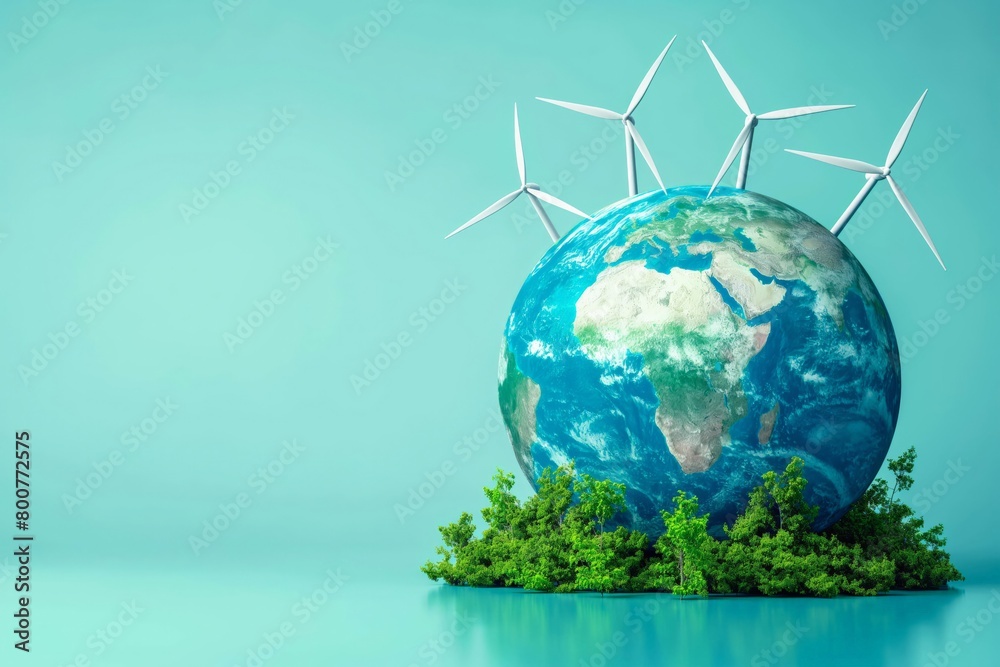 Naklejka premium A conceptual image of wind turbines on a globe, representing sustainable and renewable energy