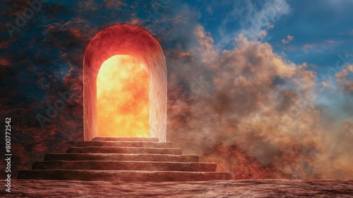 A fiery portal opens atop mystical steps, inviting to an otherworldly adventure