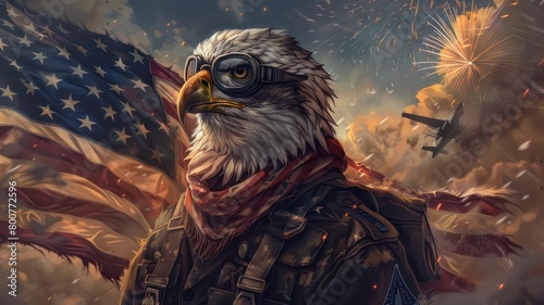 American flag waving in the wind with a majestic bald eagle flying in the foreground  background. Happy 4th of July of Independent day for holiday celebrations. background. For USA Labor day celebrati