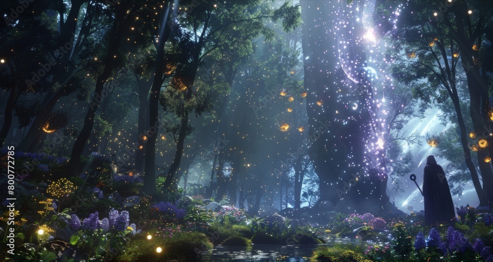 A mystical forest clearing illuminated by a meteor shower as a wise druid collects ingredients from the different plants and flowers . .