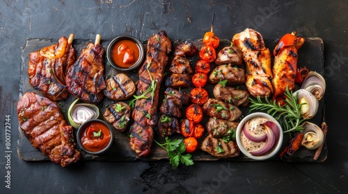 Artistic top shot of mixed grilled meats, emphasizing the vibrant colors and juicy textures on an uncluttered background, perfect studio lighting