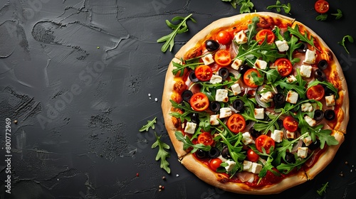 Artistic top view of a vegetarian pizza with feta, olives, tomatoes, and arugula on a sleek black surface, studio lighting effect