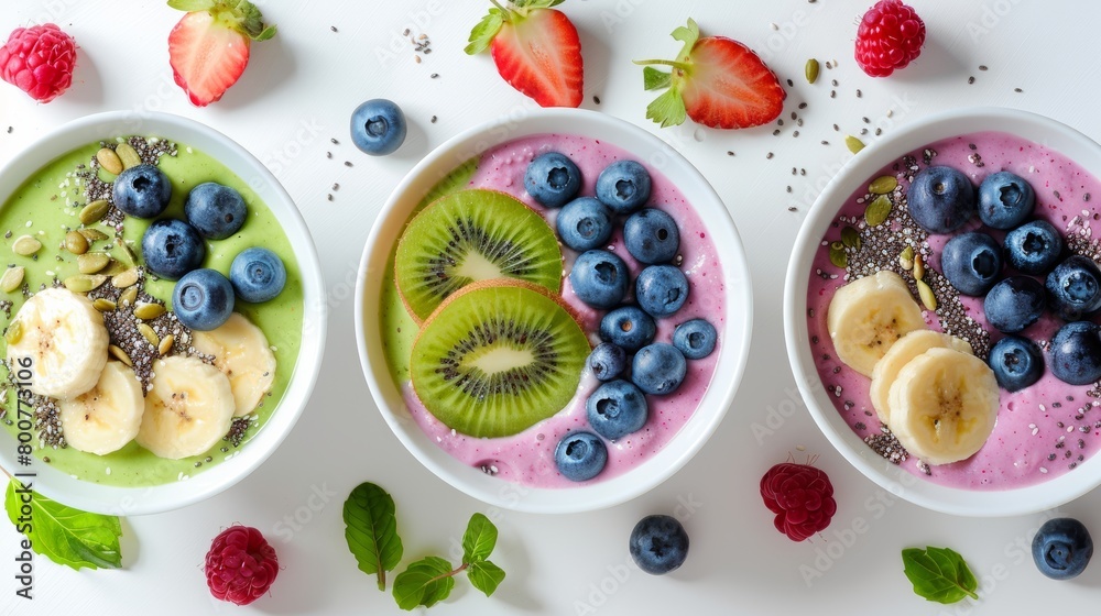 Artistic top view of smoothie bowls with kiwi, banana, and blueberries, sprinkled with chia seeds, studio lighting on a white background Artistic top view of smoothie bowls with kiwi, banana, and blueberries, sprinkled with chia seeds, studio lighting on a white background
