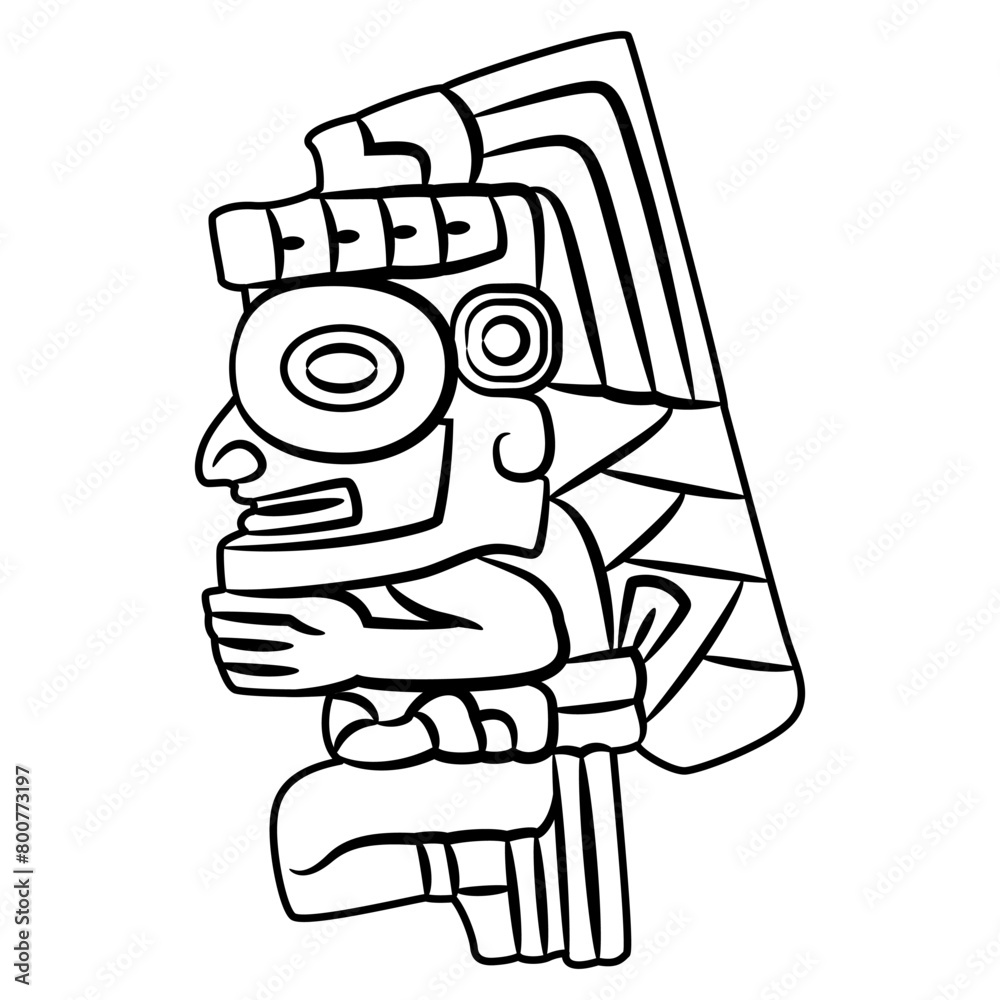 Mesoamerican Aztec or Totonac man or god from El Tajín, Veracruz, Mexico. Ethnic Native American design. Black and white linear silhouette. Mesoamerican Aztec or Totonac man or god from El Tajín, Veracruz, Mexico. Ethnic Native American design. Black and white linear silhouette.