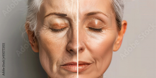 color photo of a side-by-side comparison showcasing the remarkable improvement in a old and young woman's skin closed eyes.