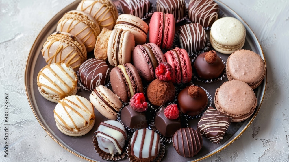 Assorted indulgent dessert platter featuring macarons, pastries, and truffles, artistically arranged, isolated on a neutral background