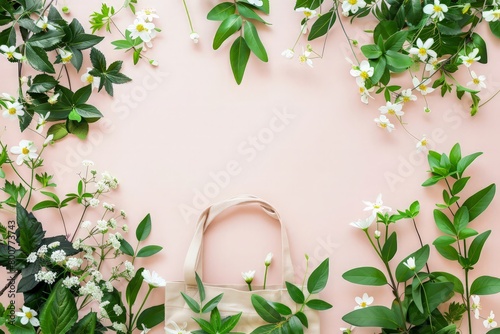 Assorted floral and tree green leaves and white flowers make a shopping bag purse or beauty bag frame on white. Natural sustainable ecologically friendly cosmetics mockup photo