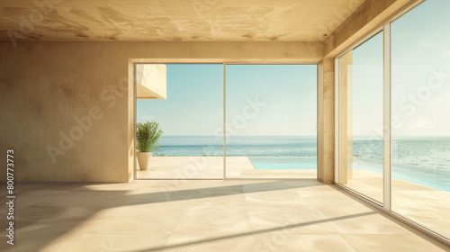 A large open room with a view of the ocean. The room is empty and has a minimalist design © Bouchra