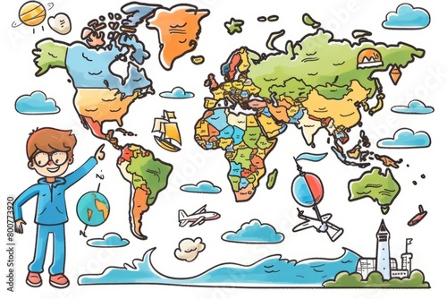 Cartoon cute doodles of a teacher giving a geography lesson  pointing to a world map and explaining different countries and landmarks  Generative AI