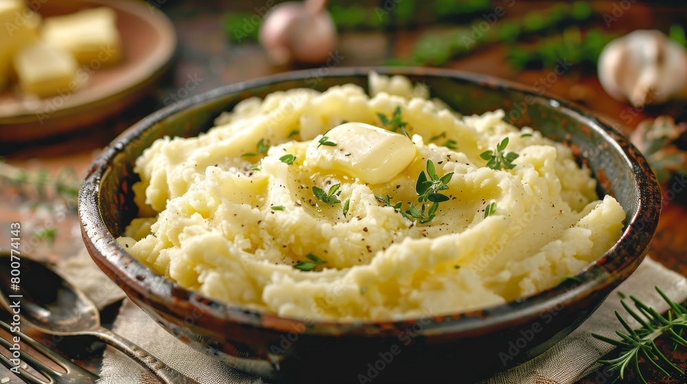 Bowl of mashed potatoes with a melting pat of butter, shot in high resolution to capture every comforting detail