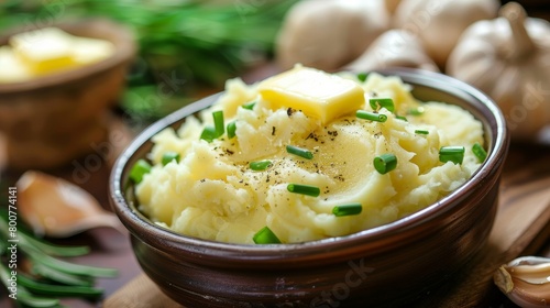 Bowl of mashed potatoes with a melting pat of butter, shot in high resolution to capture every comforting detail