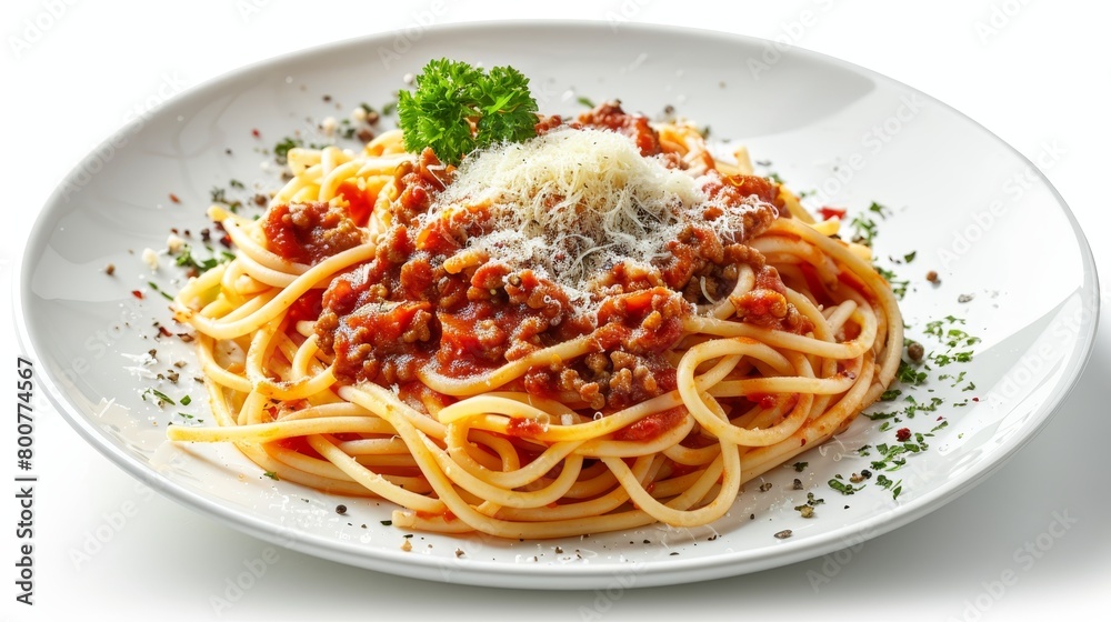 Classic spaghetti bolognese, richly sauced with ground meat and tomatoes, sprinkled with aged cheese, studio light, isolated setting Classic spaghetti bolognese, richly sauced with ground meat and tomatoes, sprinkled with aged cheese, studio light, isolated setting