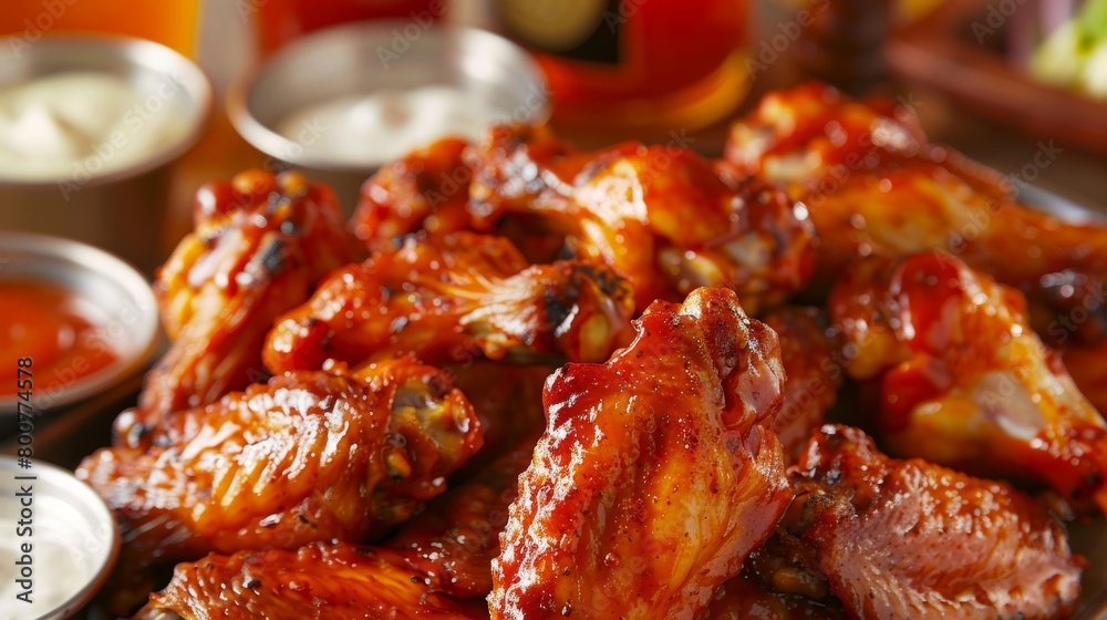A closeup of a platter of chicken wings with various sauces and tubs of ranch dressing with bottles of nonalcoholic beer in the background.