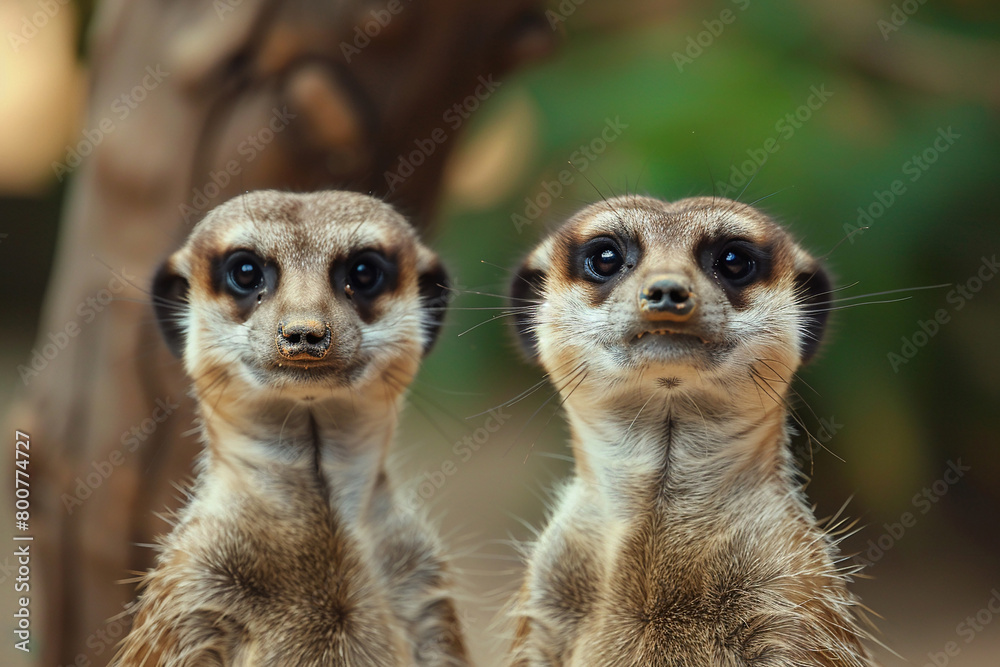 Curious meerkats stand alert Curious meerkats stand alert