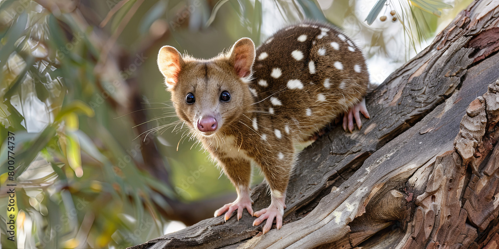 quoll with white spots on its body, brown fur and a small head, sitting on a tree branch, generative AI quoll with white spots on its body, brown fur and a small head, sitting on a tree branch, generative AI