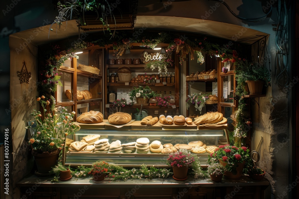 Exterior view of a glass bakery display case with freshly baked bread Exterior view of a glass bakery display case with freshly baked bread