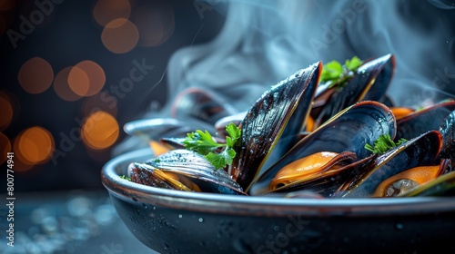 Close-up of steamed mussels with a garnish of parsley, steam visible, dramatic studio lighting to create an inviting and warm atmosphere photo