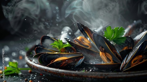 Close-up of steamed mussels with a garnish of parsley, steam visible, dramatic studio lighting to create an inviting and warm atmosphere photo